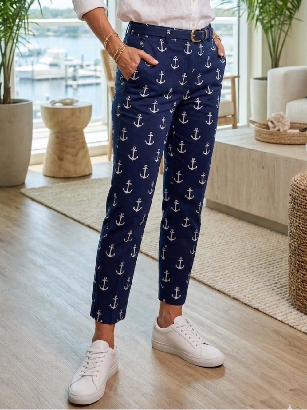 J. Crew Navy Blue Anchor Print Minnie Cropped Pants Slacks